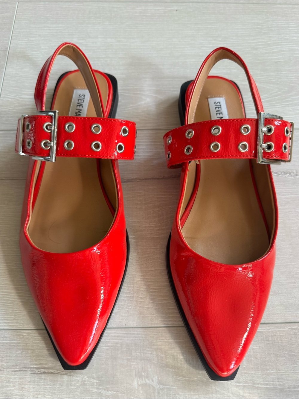 Steve Madden Red Patent Pointed-Toe Slingback Mules with Grommet Strap